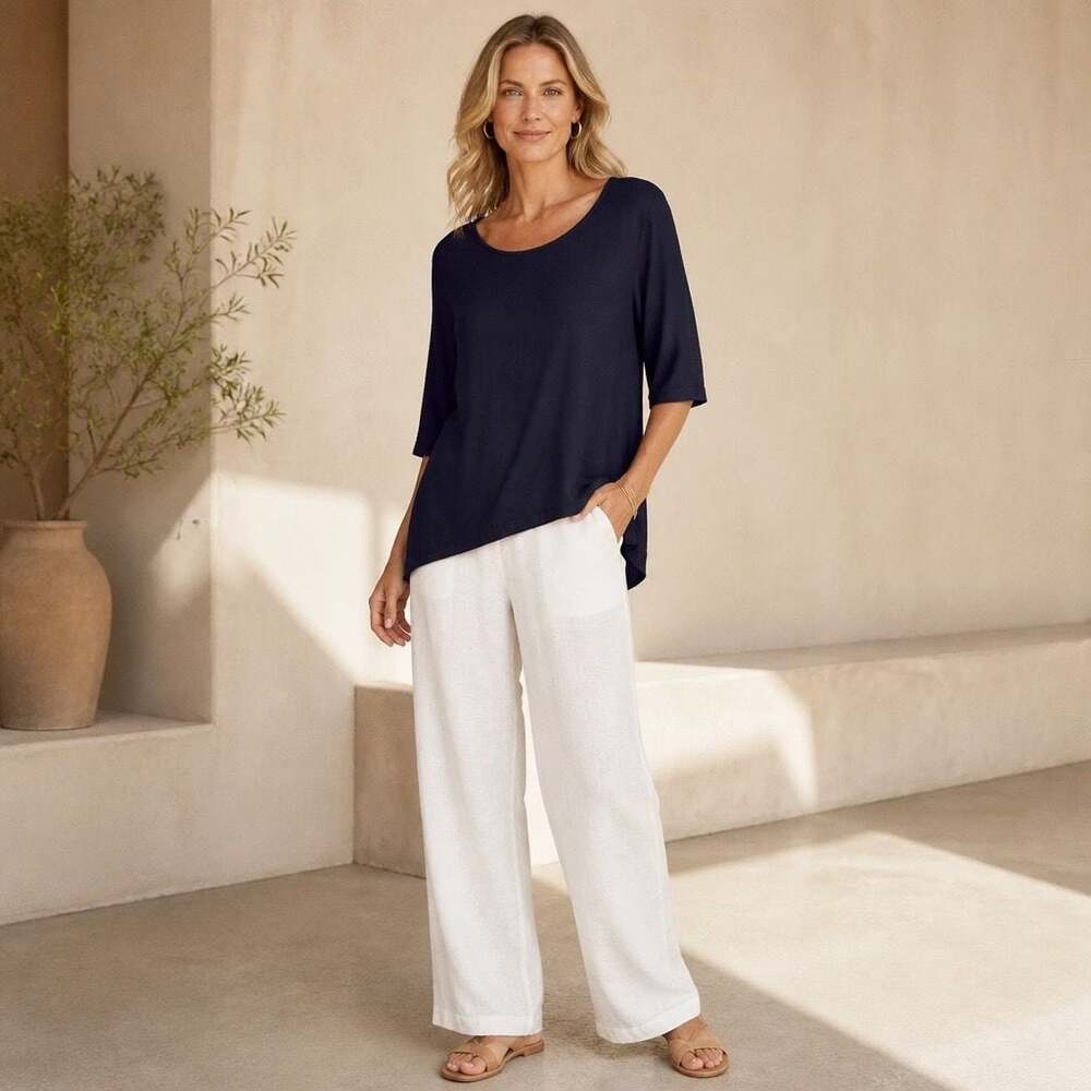 Eileen Fisher Women's Navy Blue Rayon-Lycra Scoop Neck 3/4 Sleeve High-Low Tunic